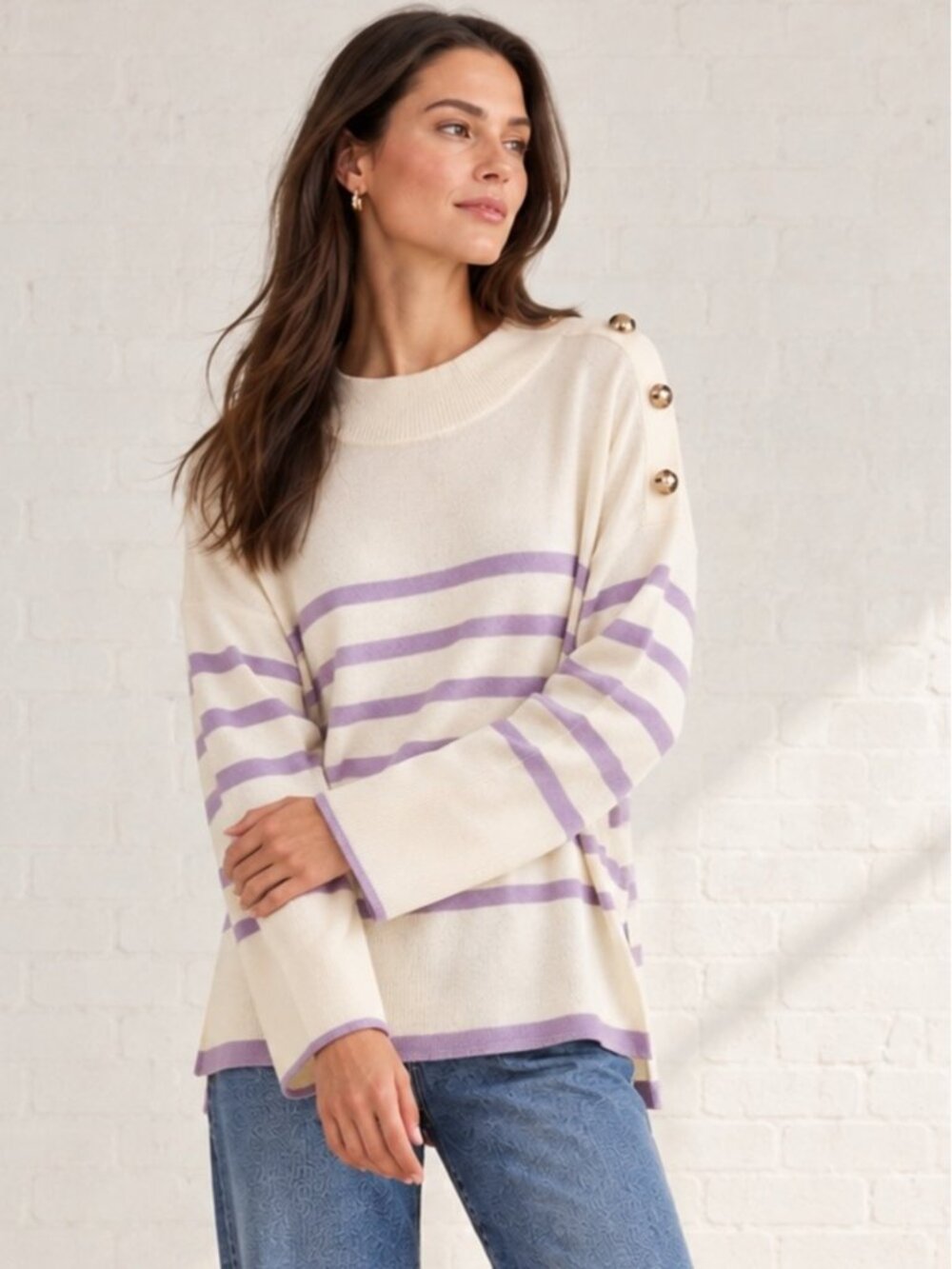 Cleo Womens XL Sweater Off white Purple Stripe Oversized Preppy Knit Top Office